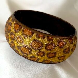 Large Sparkling Leopard Animal Print Wide Brass Bangle Bracelet